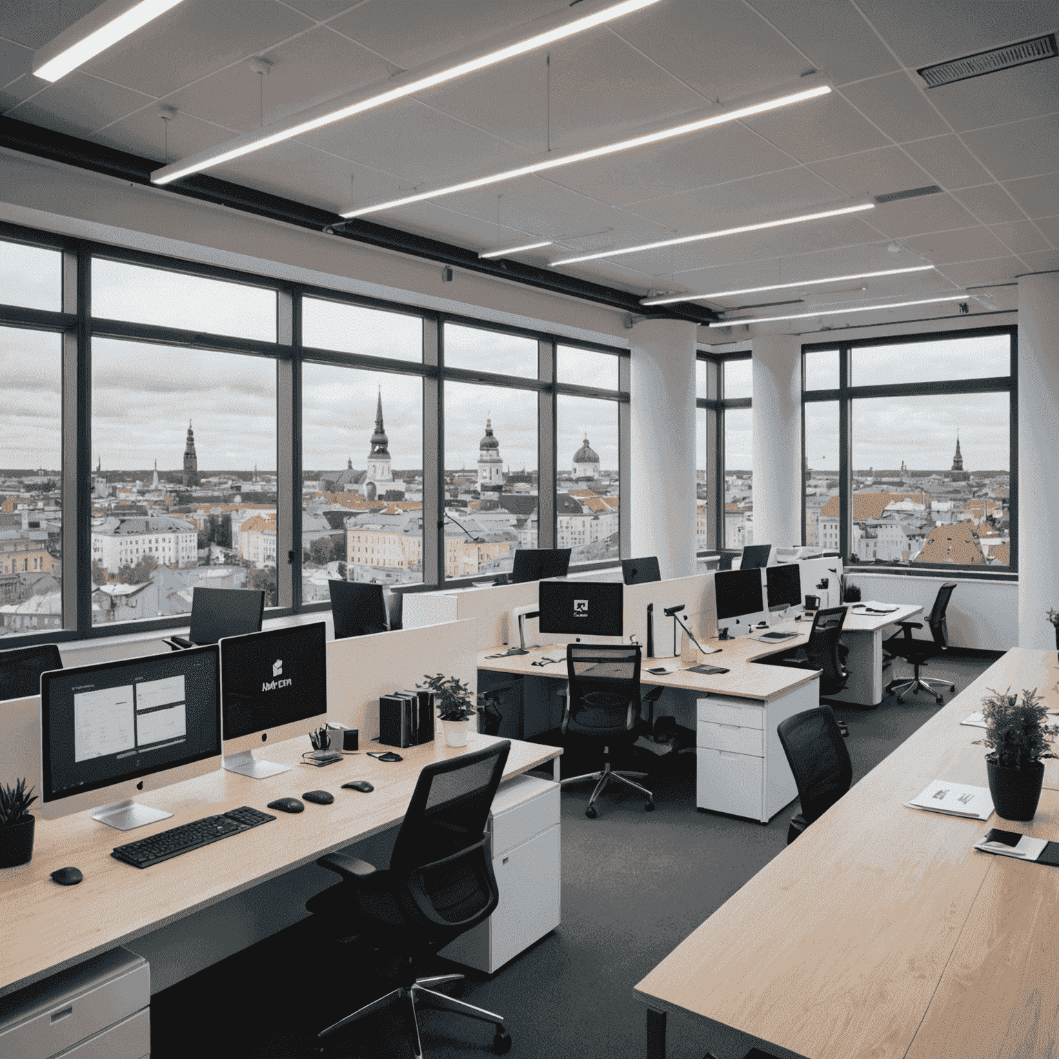 The Arution office in Helsinki, Finland. A modern, open-plan space with large windows overlooking the city skyline. Desks are arranged in collaborative clusters, with state-of-the-art financial analysis tools visible on computer screens. The space exudes a professional yet innovative atmosphere.