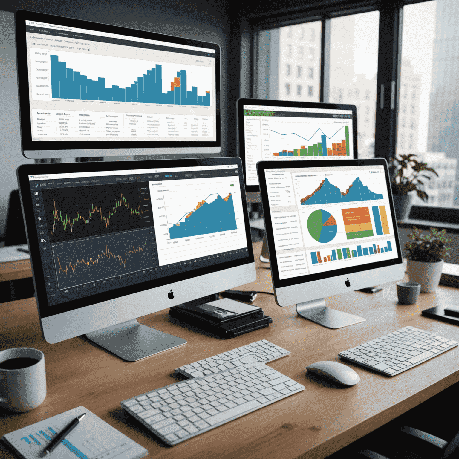 Various investment analysis tools displayed on computer screens, showing charts, graphs, and portfolio optimization interfaces