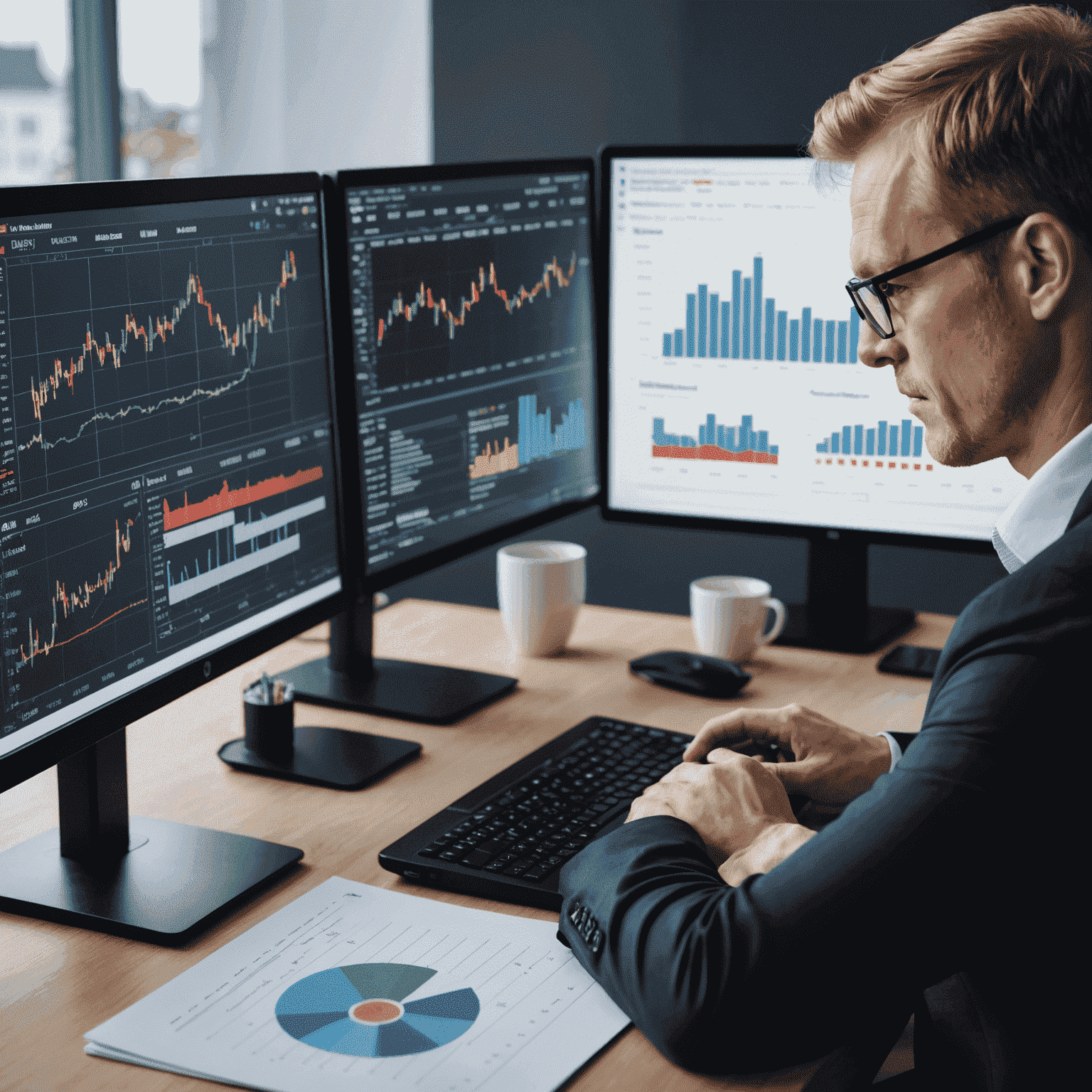 A professional Finnish investor using a computer to analyze investment data with charts and graphs visible on the screen