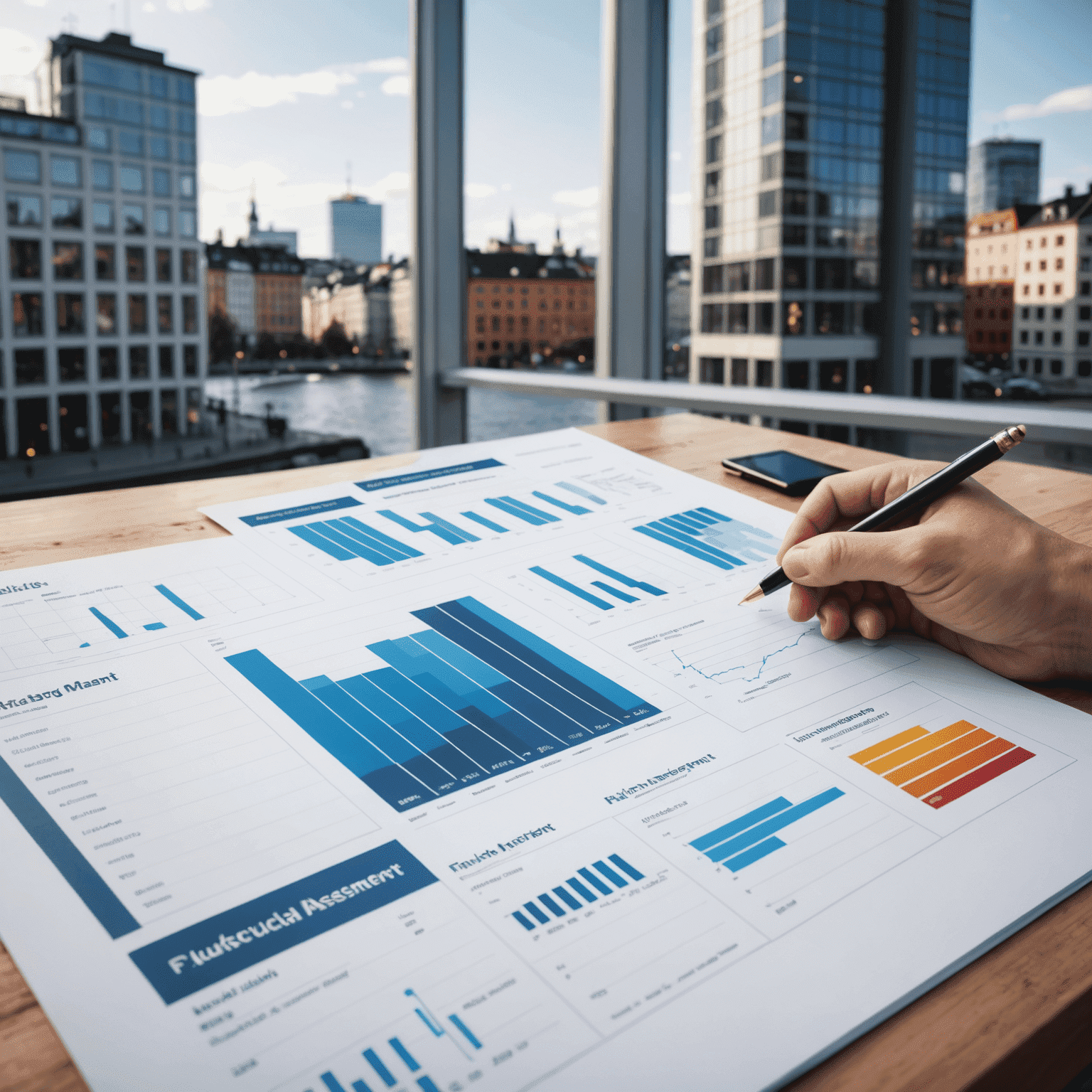 Visual representation of risk management in Finnish market, showing risk assessment charts and Finnish financial district