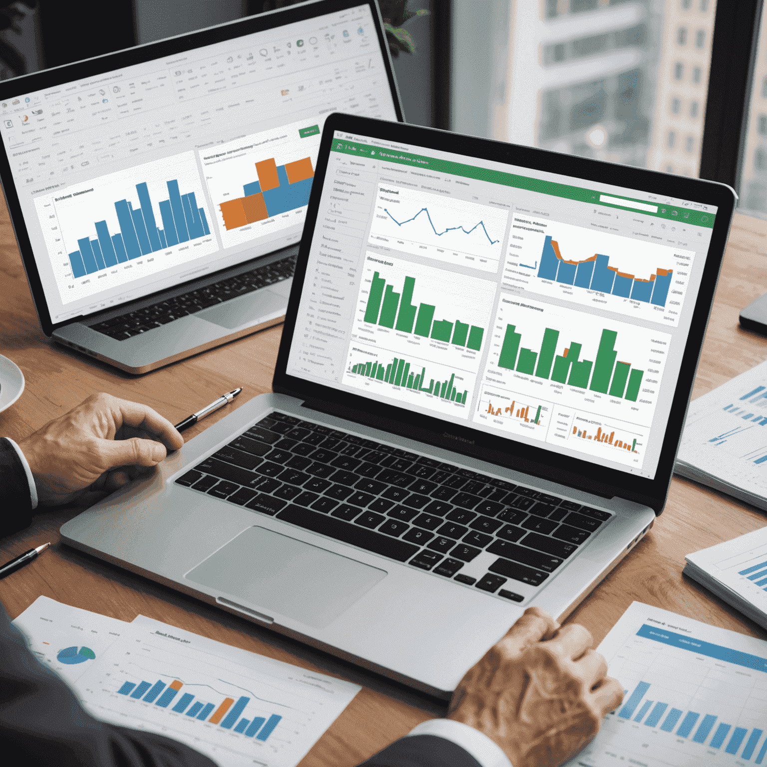 A split-screen view of multiple investment analysis tools showing various charts, tables, and financial data