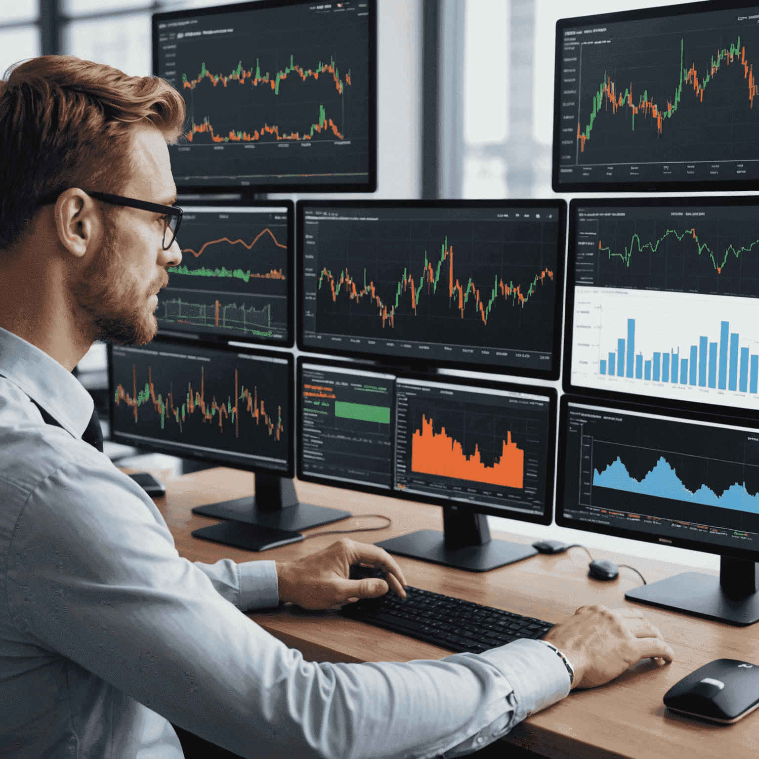 A professional Nordic investor analyzing diversified portfolio performance on multiple screens, showcasing graphs and charts of various asset classes